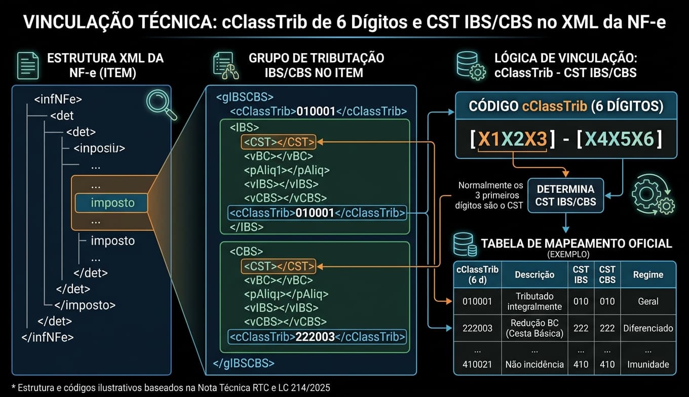 Diagrama mostrando o código cClassTrib de seis dígitos vinculado ao CST do IBS/CBS na estrutura da NF-e