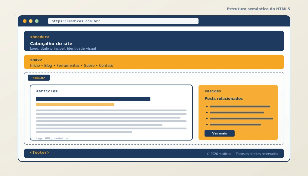 Diagrama de uma página web destacando as tags semânticas do HTML5: header, nav, main, article, aside e footer
